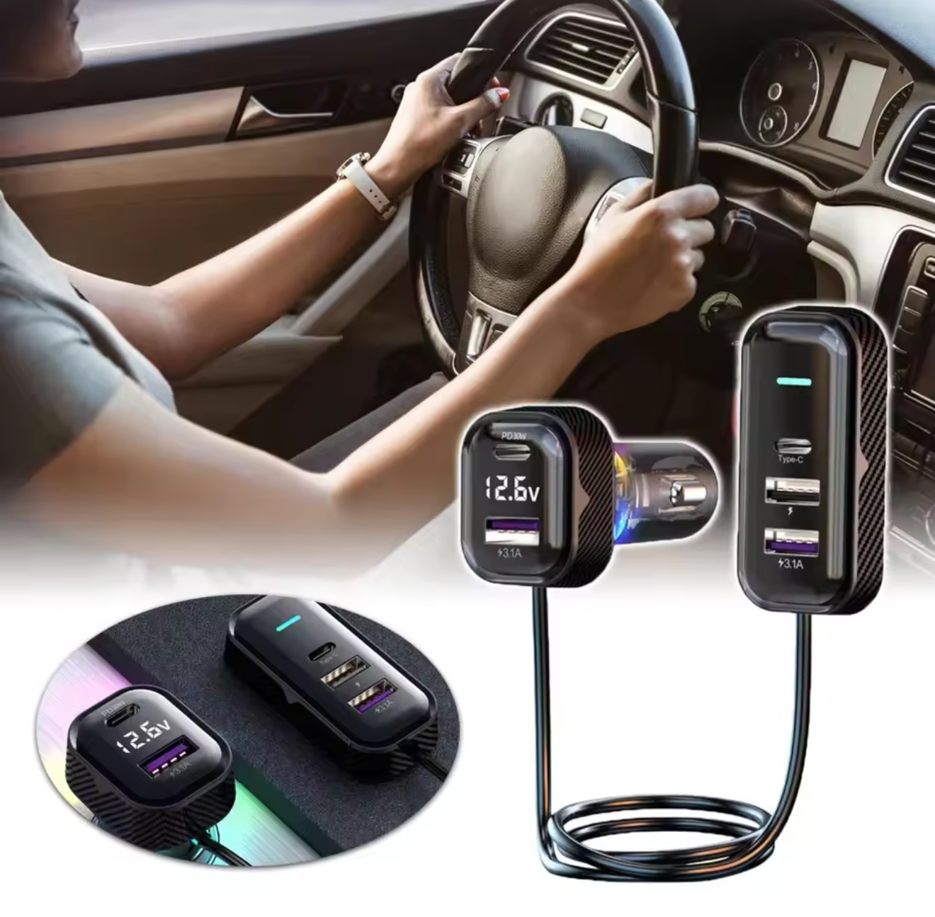 Cargador, bluetooth | 3 puertos USB y 2 tipo C